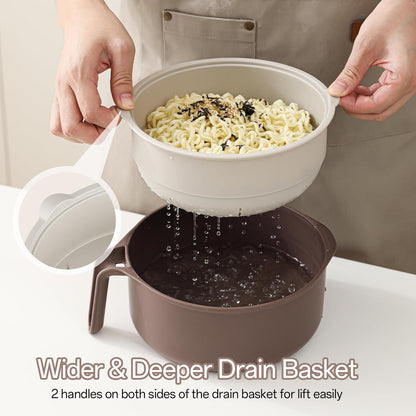 50 Oz Large Ramen Bowl, Microwave Ramen Cooker, Noodle Pasta Cooker with Lid and Strainer, Steamer for Vegetables, College Dorm Essentials for Girls Guys (Beige)