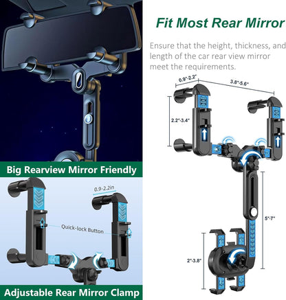 Rearview Mirror Phone Holder for Car, 360° Rotating Rear View Mount with Adjustable Arm Length, Upgraded Four Corners Fixed Anti-Shake Multifunctional Design for All Smartphones