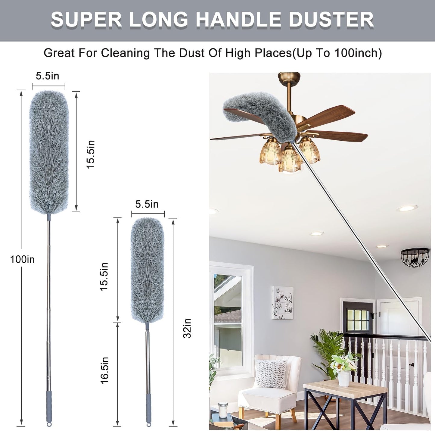 Microfiber Feather Duster with Extendable Pole, 100-Inch Extra-Long Dusters Telescoping Cobweb Duster for Cleaning, Bendable and Washable Microfiber Head, Duster for High Ceiling, Fan, Furniture