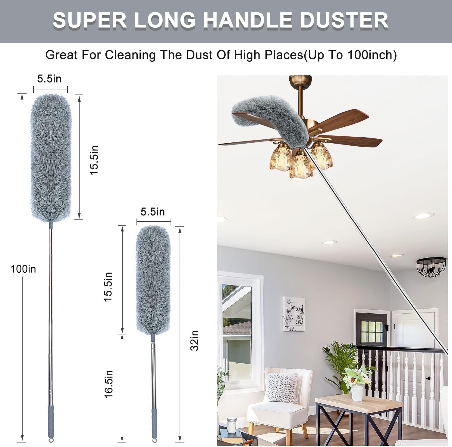 Microfiber Feather Duster with Extendable Pole, 100-Inch Extra-Long Dusters Telescoping Cobweb Duster for Cleaning, Bendable and Washable Microfiber Head, Duster for High Ceiling, Fan, Furniture
