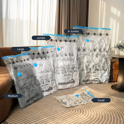 Vacuum Storage Bags, Compression Space Saving for Clothes and Linens, Reusable with Hand Pump, Large, Clear, 5-Pack