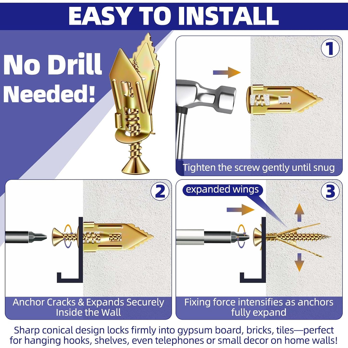 No-Drill Drywall Anchors Kit, Heavy Duty - 90 Pcs (0.47X1.18In) Zinc Plated Steel, 45 Anchors + 45 Self-Tapping Screws | 2025 Upgraded for Easy Wall Mounting (Shelves, Decor, Tvs)