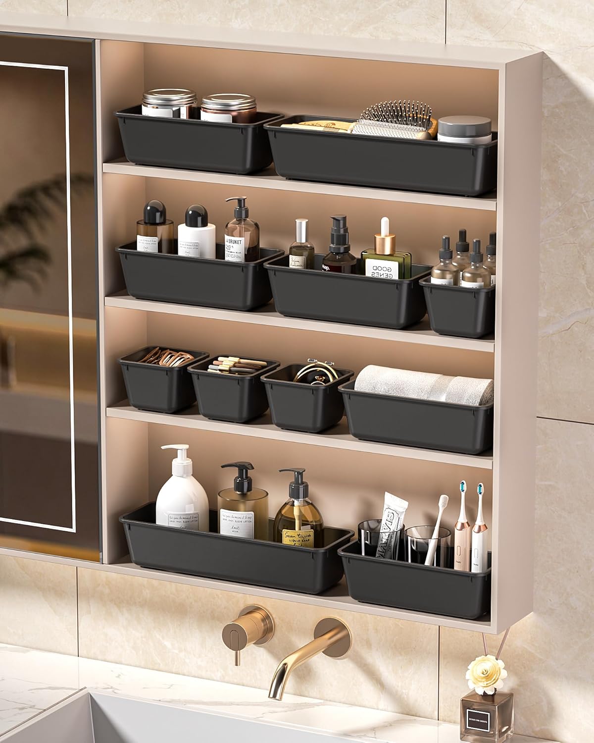 25 PCS Plastic Drawer Organizers Set, 4 Sizes Vanity Organizer, Makeup and Desk Drawer Organizer Trays, Organization and Storage for Makeup, Bathroom, Kitchen Utensils and Office (Black)