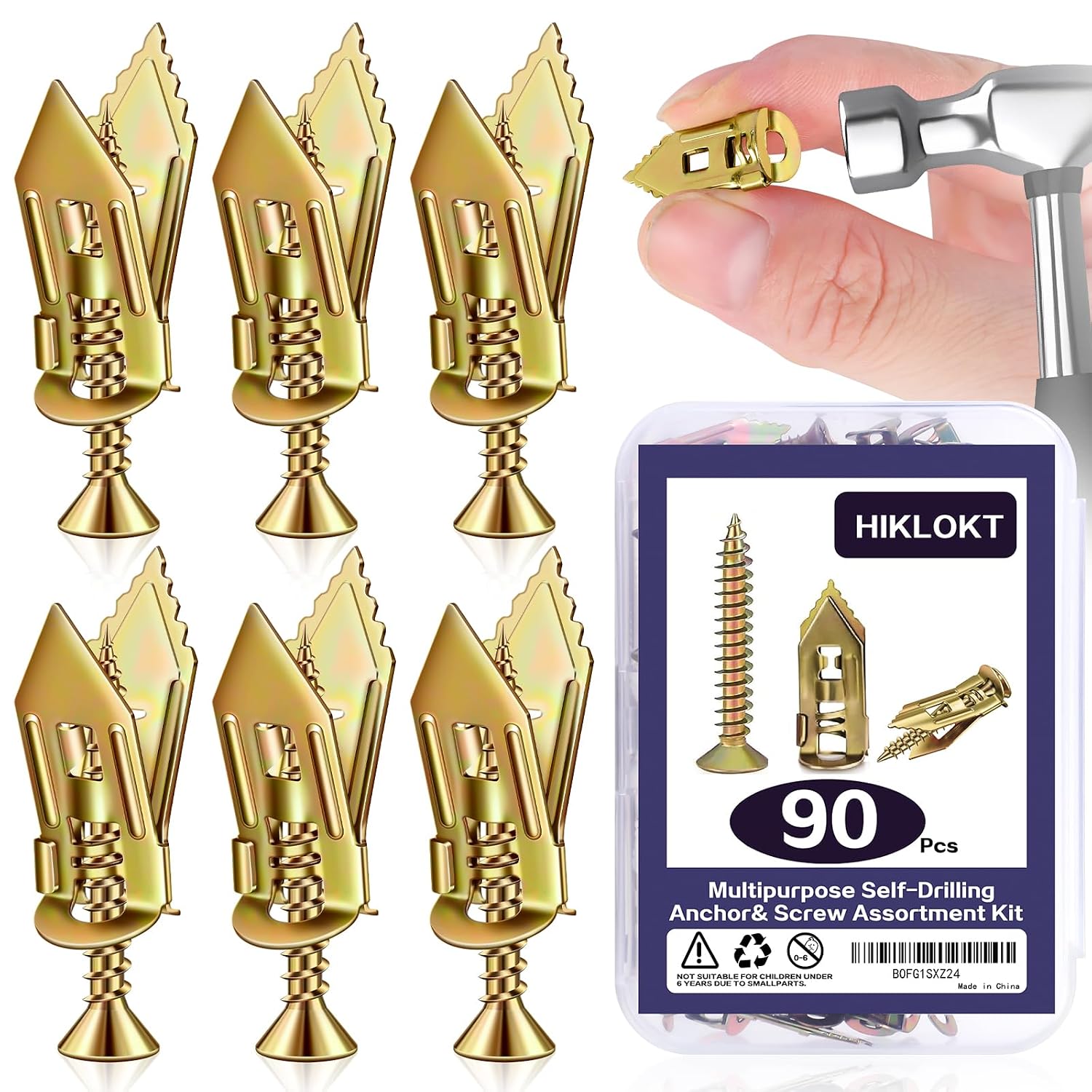 No-Drill Drywall Anchors Kit, Heavy Duty - 90 Pcs (0.47X1.18In) Zinc Plated Steel, 45 Anchors + 45 Self-Tapping Screws | 2025 Upgraded for Easy Wall Mounting (Shelves, Decor, Tvs)