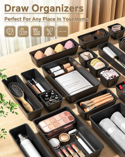 25 PCS Plastic Drawer Organizers Set, 4 Sizes Vanity Organizer, Makeup and Desk Drawer Organizer Trays, Organization and Storage for Makeup, Bathroom, Kitchen Utensils and Office (Black)
