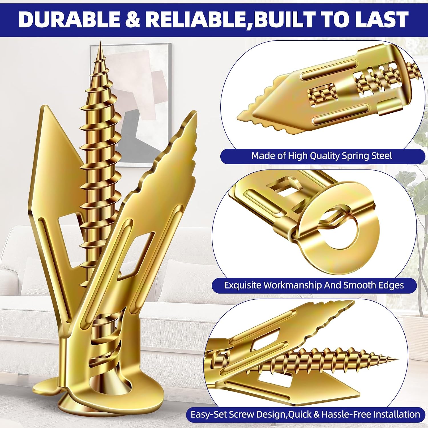 No-Drill Drywall Anchors Kit, Heavy Duty - 90 Pcs (0.47X1.18In) Zinc Plated Steel, 45 Anchors + 45 Self-Tapping Screws | 2025 Upgraded for Easy Wall Mounting (Shelves, Decor, Tvs)