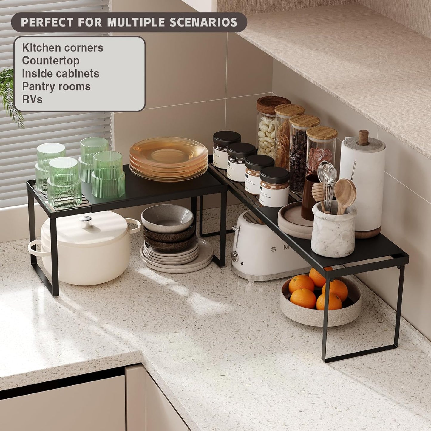 Expandable Cabinet Shelf Organizer, 1 Pack Stackable Kitchen Counter Shelf Riser, Metal Spice Rack Heavy Duty Countertop Organizer Storage for Kitchen, Pantry, Cupboard, Rv (8.7In Height,Black)
