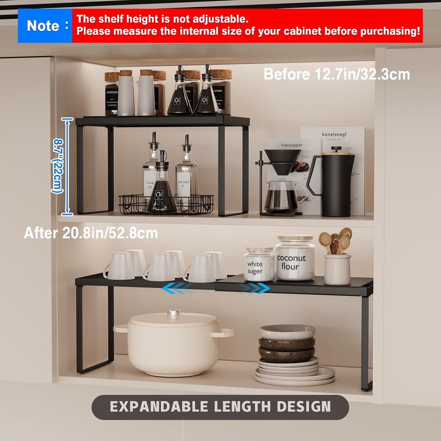 Expandable Cabinet Shelf Organizer, 1 Pack Stackable Kitchen Counter Shelf Riser, Metal Spice Rack Heavy Duty Countertop Organizer Storage for Kitchen, Pantry, Cupboard, Rv (8.7In Height,Black)