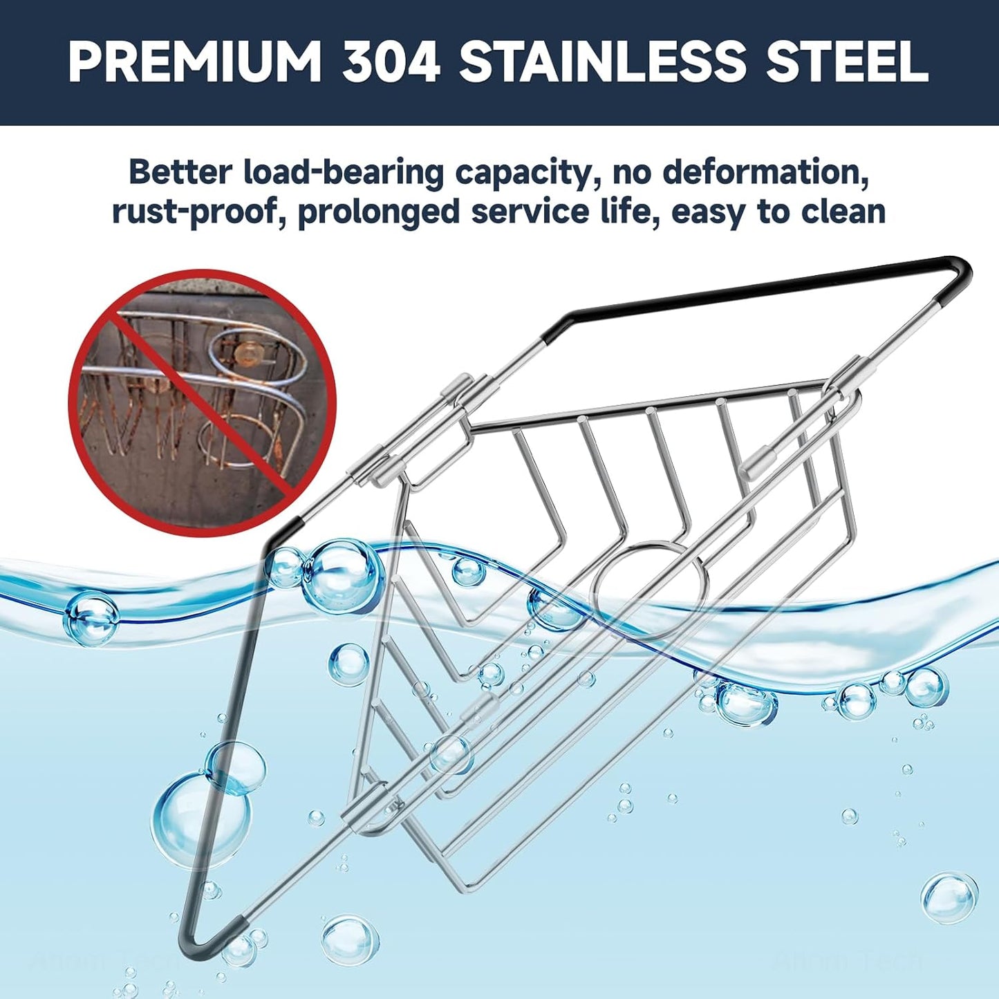 Extendable Arm Stainless Steel Kitchen Sink Corner Caddy, Easy Install Space-Saving Adjustable Sponge Holder, Non-Slip Rust-Resistant for Brushes, Soap, Sponges (Silver)