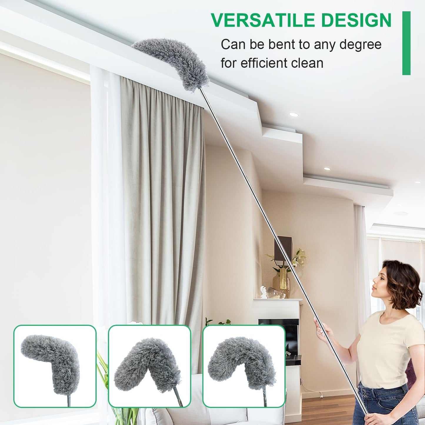 Microfiber Feather Duster with Extendable Pole, 100-Inch Extra-Long Dusters Telescoping Cobweb Duster for Cleaning, Bendable and Washable Microfiber Head, Duster for High Ceiling, Fan, Furniture