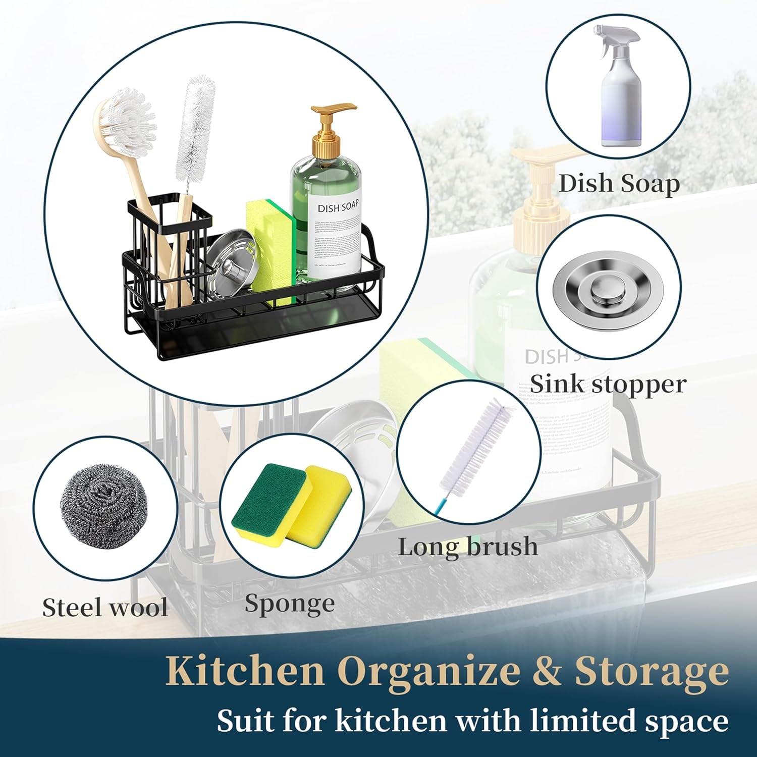 Sponge Holder for Kitchen Sink - Sink Caddy with Stainless Steel Self Drain Tray, Sink Organizer with High Brush Holder Countertop for Kitchen Sink Accessories, Black