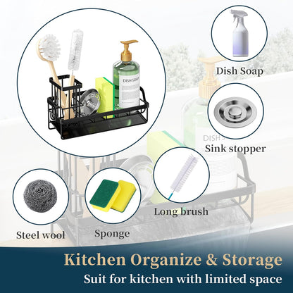 Sponge Holder for Kitchen Sink - Sink Caddy with Stainless Steel Self Drain Tray, Sink Organizer with High Brush Holder Countertop for Kitchen Sink Accessories, Black