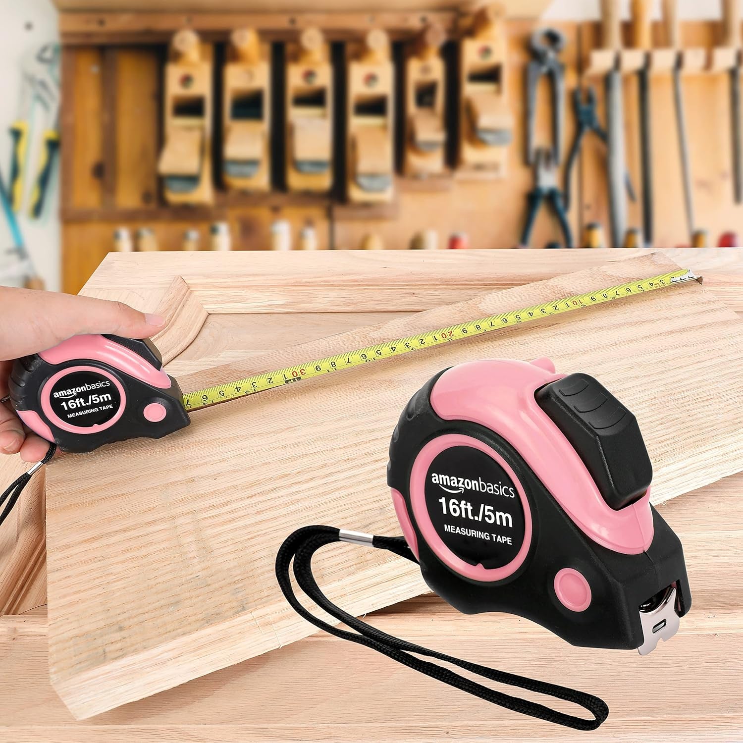 Retractable Tape Measure with Metric and SAE Measurements, 16Ft/5M, Belt Clip, Readable, Pink