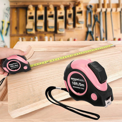 Retractable Tape Measure with Metric and SAE Measurements, 16Ft/5M, Belt Clip, Readable, Pink