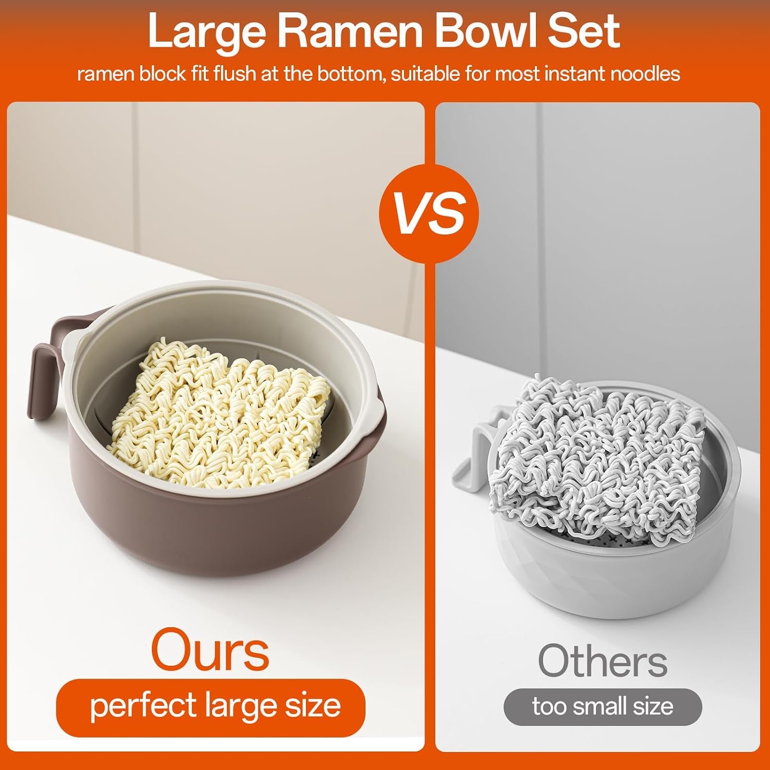 50 Oz Large Ramen Bowl, Microwave Ramen Cooker, Noodle Pasta Cooker with Lid and Strainer, Steamer for Vegetables, College Dorm Essentials for Girls Guys (Beige)