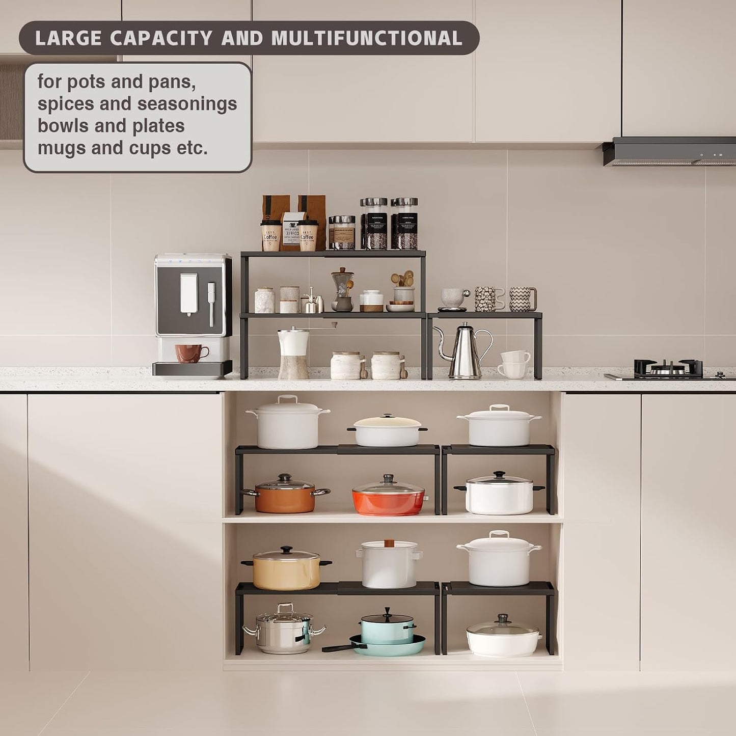 Expandable Cabinet Shelf Organizer, 1 Pack Stackable Kitchen Counter Shelf Riser, Metal Spice Rack Heavy Duty Countertop Organizer Storage for Kitchen, Pantry, Cupboard, Rv (8.7In Height,Black)