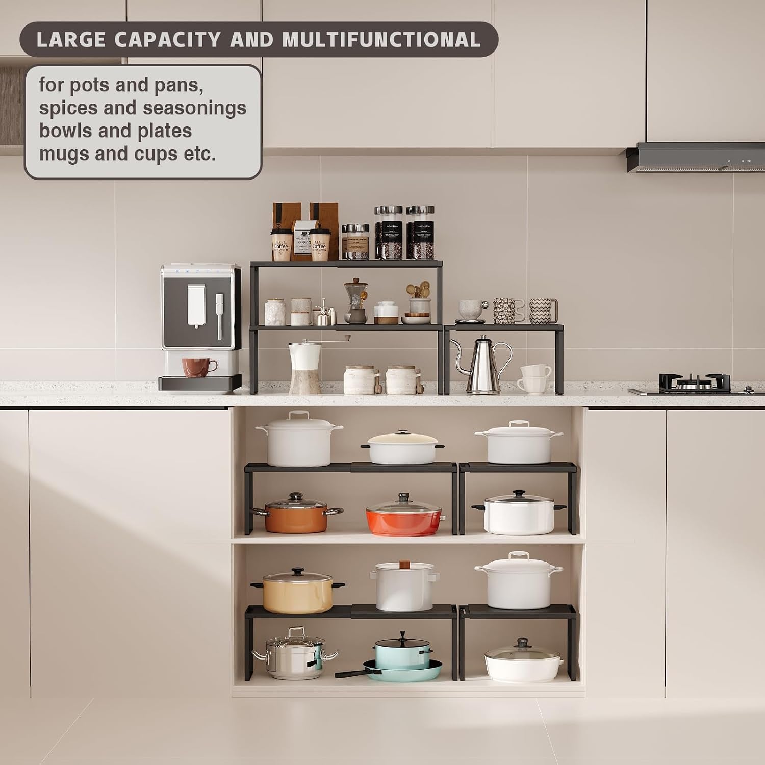 Expandable Cabinet Shelf Organizer, 1 Pack Stackable Kitchen Counter Shelf Riser, Metal Spice Rack Heavy Duty Countertop Organizer Storage for Kitchen, Pantry, Cupboard, Rv (8.7In Height,Black)