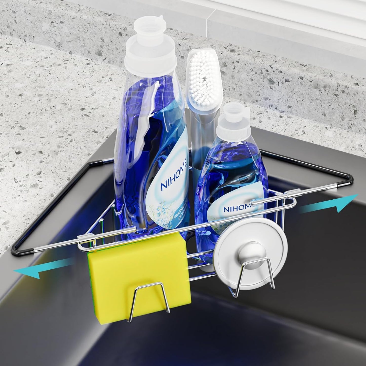 Extendable Arm Stainless Steel Kitchen Sink Corner Caddy, Easy Install Space-Saving Adjustable Sponge Holder, Non-Slip Rust-Resistant for Brushes, Soap, Sponges (Silver)