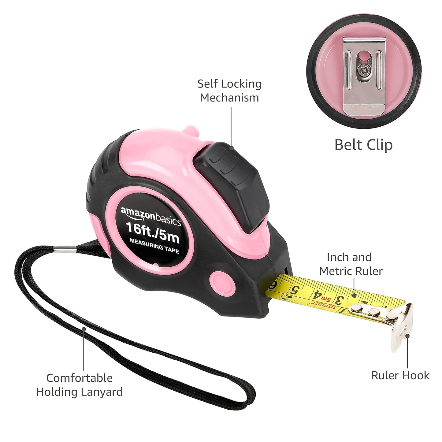 Retractable Tape Measure with Metric and SAE Measurements, 16Ft/5M, Belt Clip, Readable, Pink