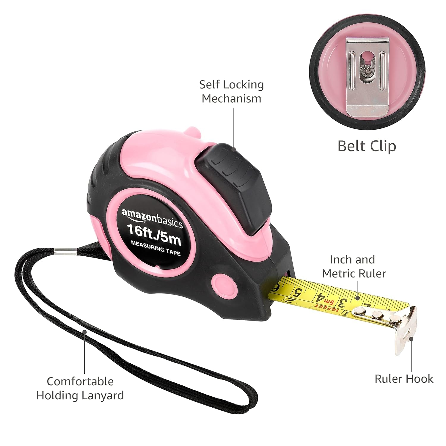 Retractable Tape Measure with Metric and SAE Measurements, 16Ft/5M, Belt Clip, Readable, Pink