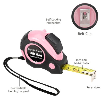 Retractable Tape Measure with Metric and SAE Measurements, 16Ft/5M, Belt Clip, Readable, Pink
