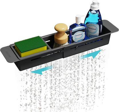 Extendable over Sink Kitchen Organizer, Small Telescopic Brush Storage Rack for Sponge, Non-Slip Pads Expandable Sink Caddy, Adjustable Sponge/Brush Rack with Drainage Durable ABS (Black)