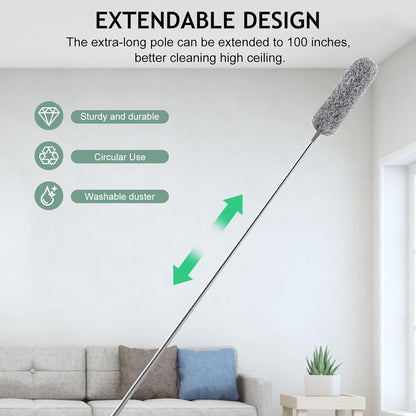 Extra-Long Dusters with Extension Pole 100-Inch for Cleaning, Bendable Microfiber Head Washable Ceiling Fan Duster for High Ceilings, Furniture