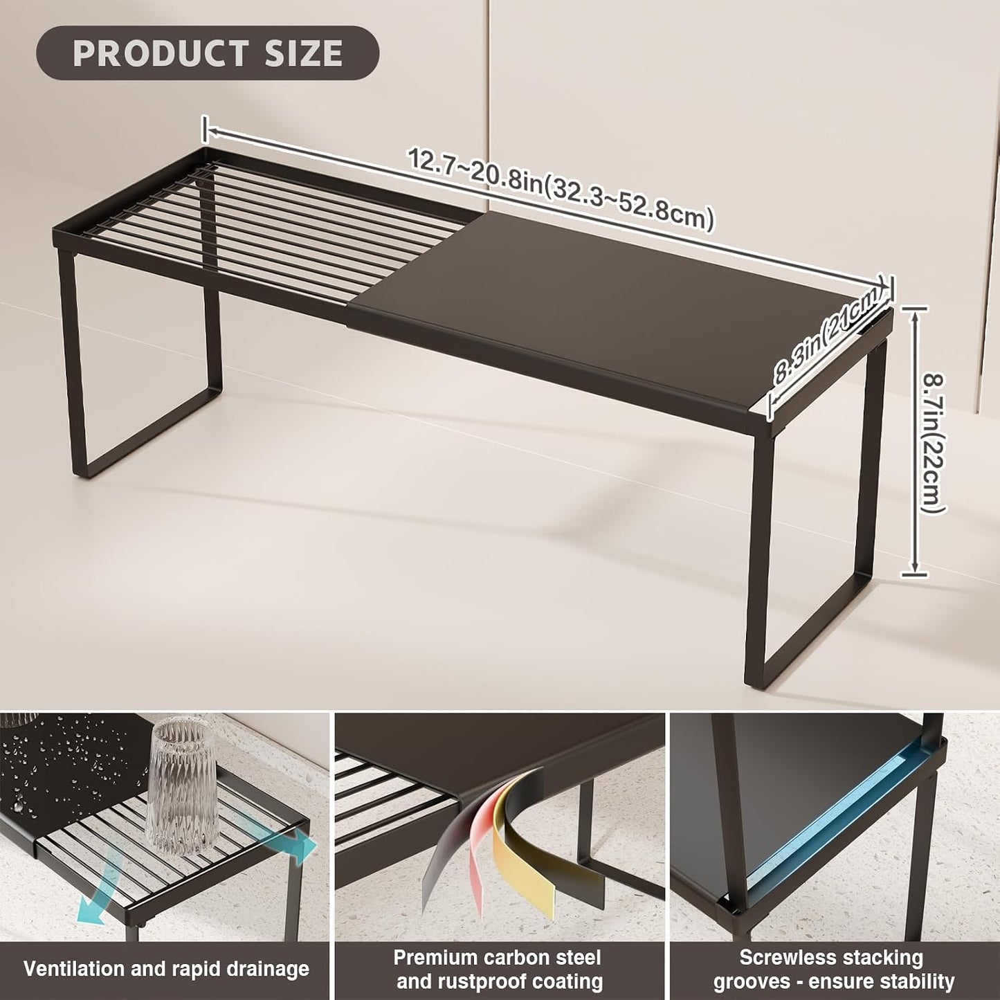 Expandable Cabinet Shelf Organizer, 1 Pack Stackable Kitchen Counter Shelf Riser, Metal Spice Rack Heavy Duty Countertop Organizer Storage for Kitchen, Pantry, Cupboard, Rv (8.7In Height,Black)