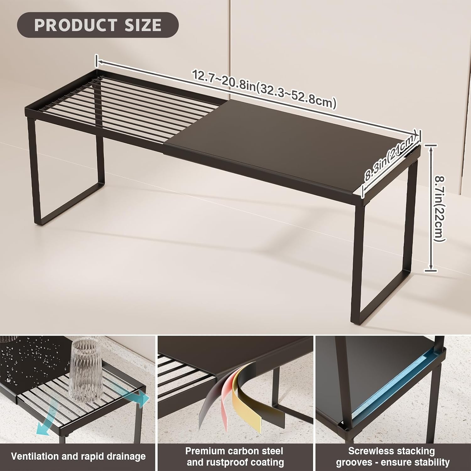 Expandable Cabinet Shelf Organizer, 1 Pack Stackable Kitchen Counter Shelf Riser, Metal Spice Rack Heavy Duty Countertop Organizer Storage for Kitchen, Pantry, Cupboard, Rv (8.7In Height,Black)