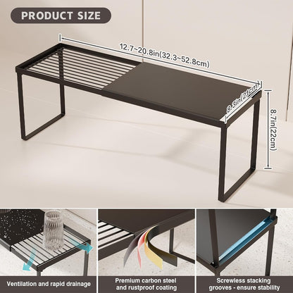 Expandable Cabinet Shelf Organizer, 1 Pack Stackable Kitchen Counter Shelf Riser, Metal Spice Rack Heavy Duty Countertop Organizer Storage for Kitchen, Pantry, Cupboard, Rv (8.7In Height,Black)
