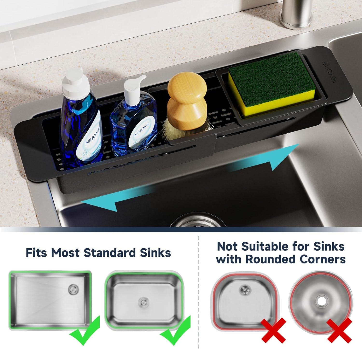 Extendable over Sink Kitchen Organizer, Small Telescopic Brush Storage Rack for Sponge, Non-Slip Pads Expandable Sink Caddy, Adjustable Sponge/Brush Rack with Drainage Durable ABS (Black)