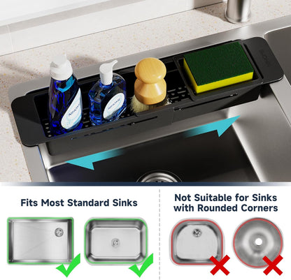 Extendable over Sink Kitchen Organizer, Small Telescopic Brush Storage Rack for Sponge, Non-Slip Pads Expandable Sink Caddy, Adjustable Sponge/Brush Rack with Drainage Durable ABS (Black)