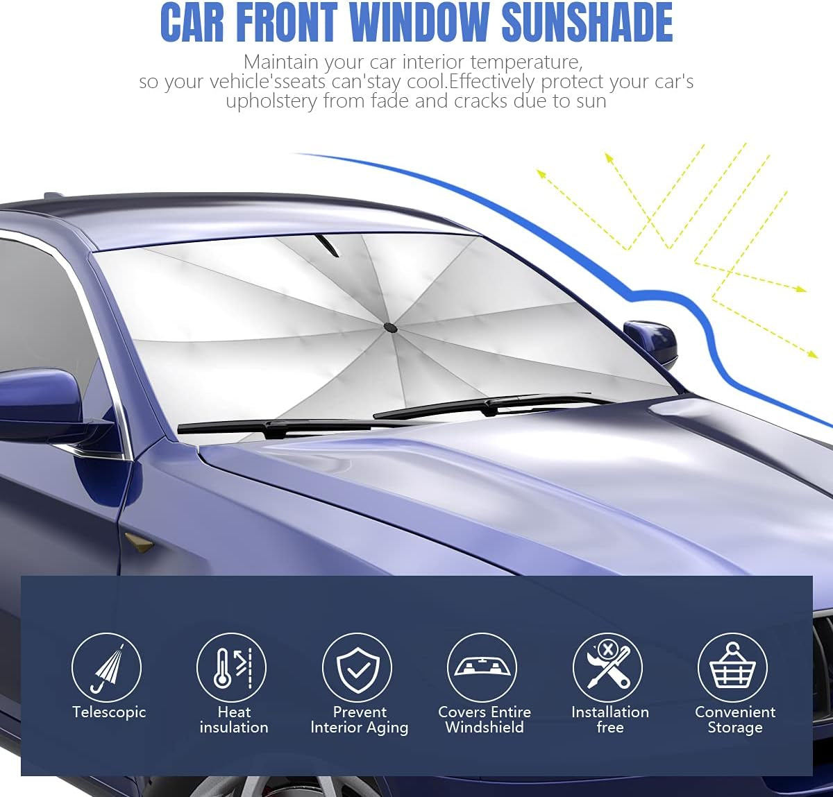[2026 Upgraded] Sedan SUV Car Sun Shade for Windshield UV Rays and Heat Sun Visor Protector, Foldable Windshield Sun Shade Umbrella,Keep Car Cool,Easy to Use/Store,57''X 30''