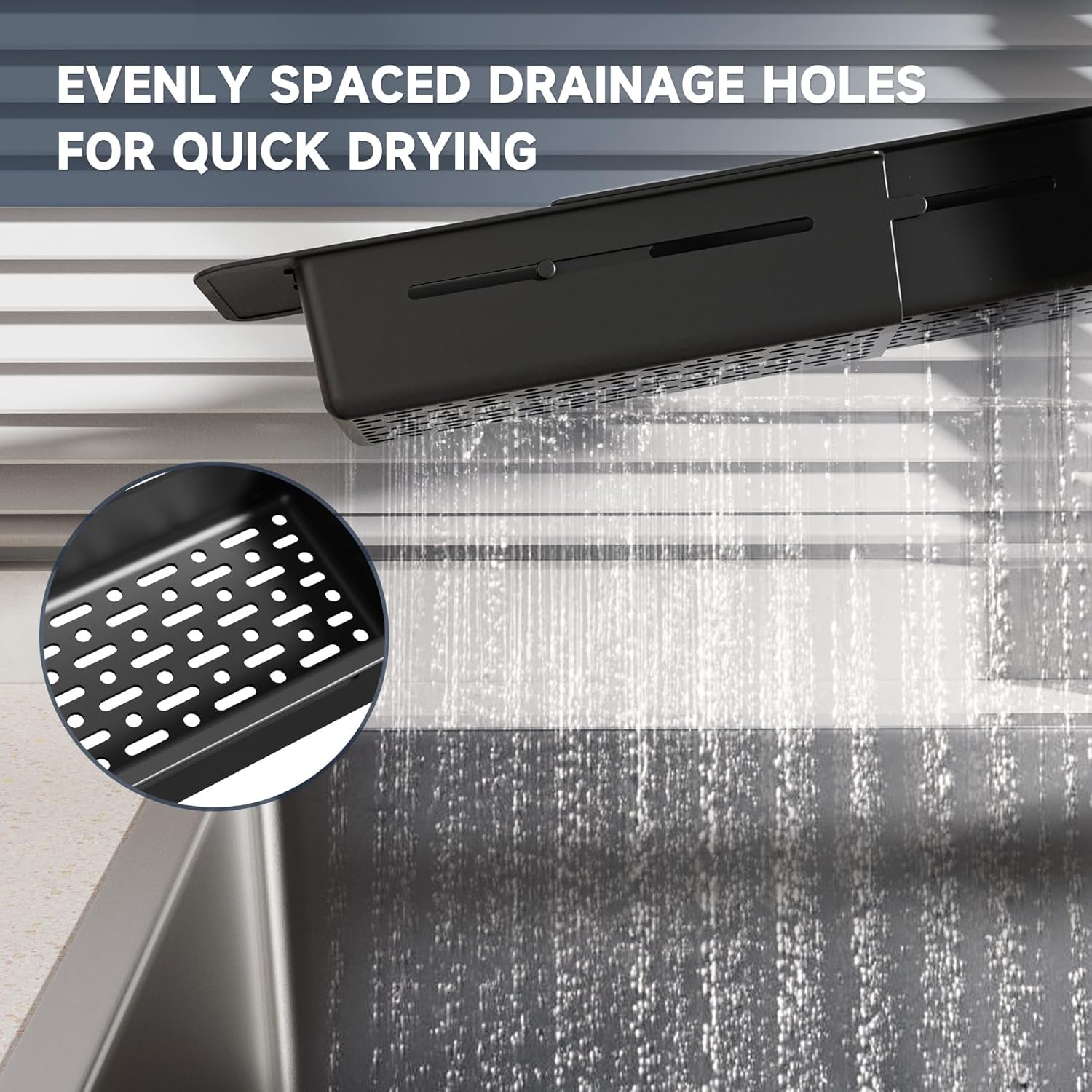 Extendable over Sink Kitchen Organizer, Small Telescopic Brush Storage Rack for Sponge, Non-Slip Pads Expandable Sink Caddy, Adjustable Sponge/Brush Rack with Drainage Durable ABS (Black)
