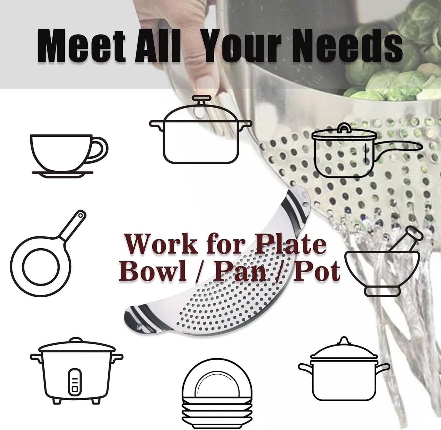Pot Strainer Stainless Steel, Pasta Strainer, Premium Metal Food Strainer for Noodles Fruit Veggies, Suitable for Pots or Containers up to 10 Inches