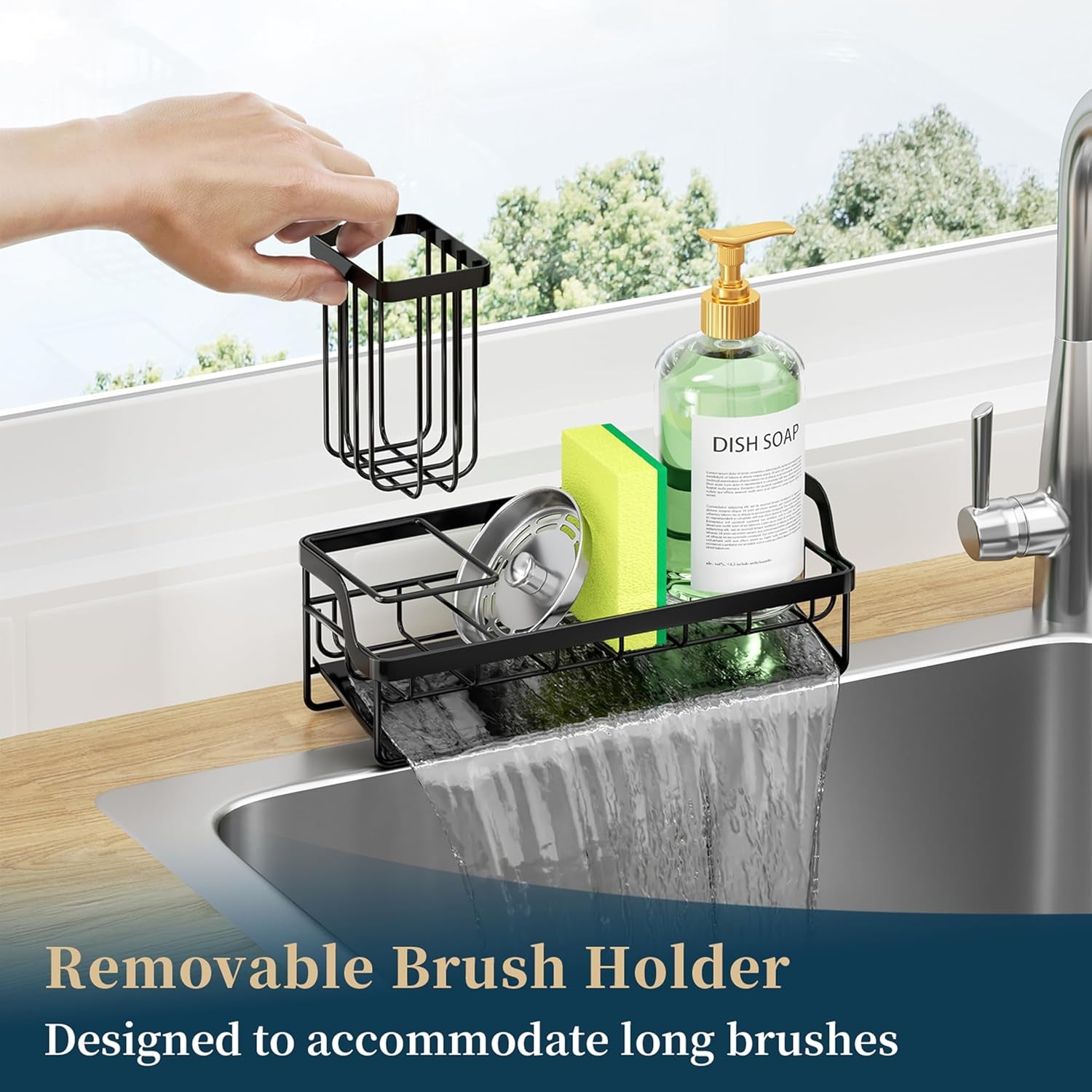 Sponge Holder for Kitchen Sink - Sink Caddy with Stainless Steel Self Drain Tray, Sink Organizer with High Brush Holder Countertop for Kitchen Sink Accessories, Black