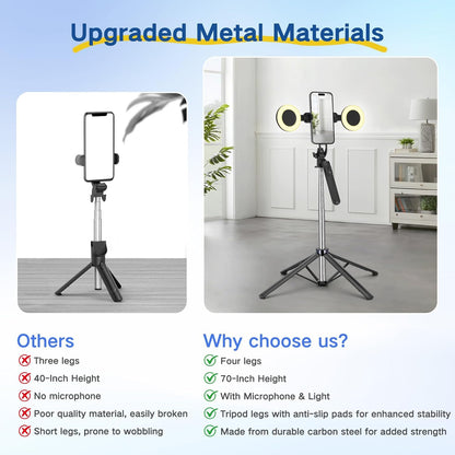 Content Creator Vlogging Kit,180Cm Metal Selfie Stick Tripod with Light and Wireless Microphones,Vlogging Kit for Iphone/Android,Phone Tripod for Tiktok &Youtube Starter Kit