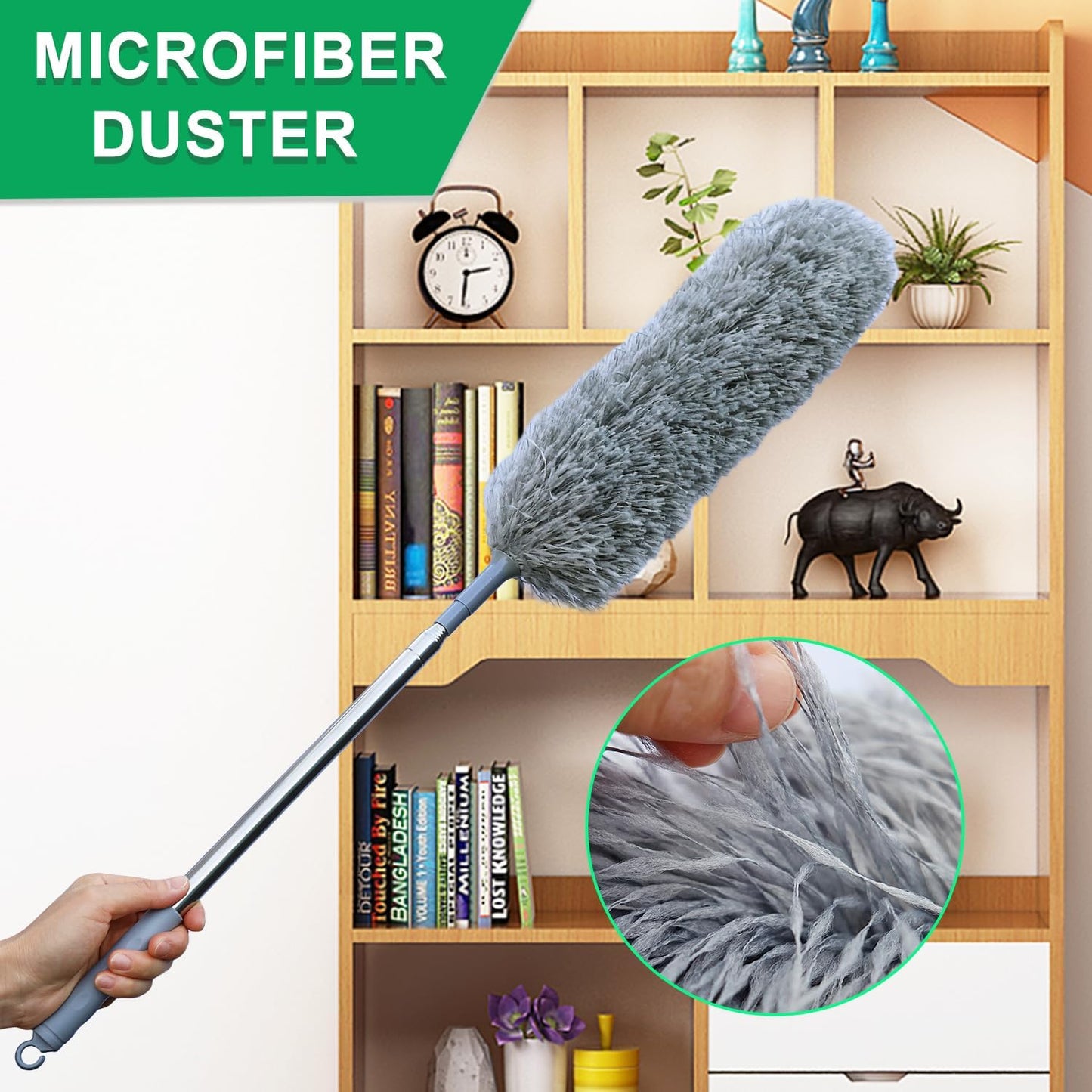 Microfiber Feather Duster with Extendable Pole, 100-Inch Extra-Long Dusters Telescoping Cobweb Duster for Cleaning, Bendable and Washable Microfiber Head, Duster for High Ceiling, Fan, Furniture