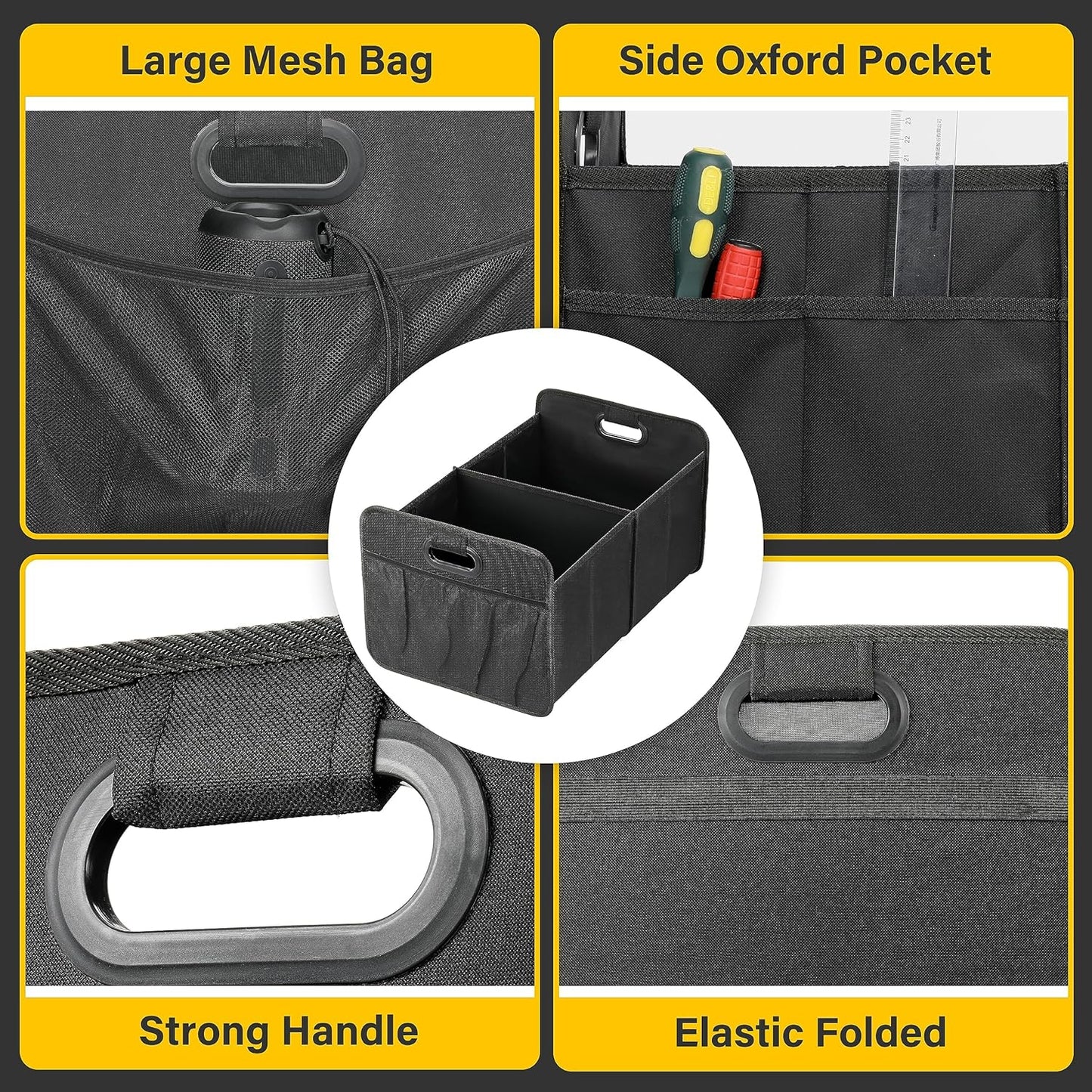 Trunk Organizer for Car/Suv/Truck, Collapsible 2 Compartment Automotive Storage Box, 600D Waterproof Oxford Polyester 50L Travel Accessories, Anti-Slip & Leak-Proof, Black New