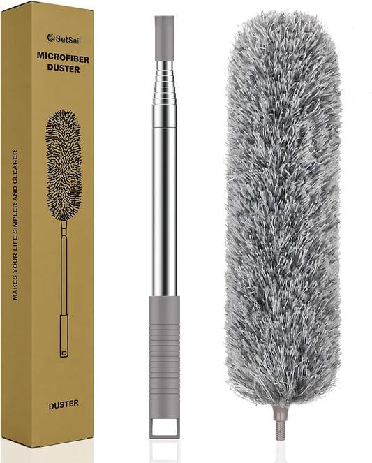 Extra-Long Dusters with Extension Pole 100-Inch for Cleaning, Bendable Microfiber Head Washable Ceiling Fan Duster for High Ceilings, Furniture