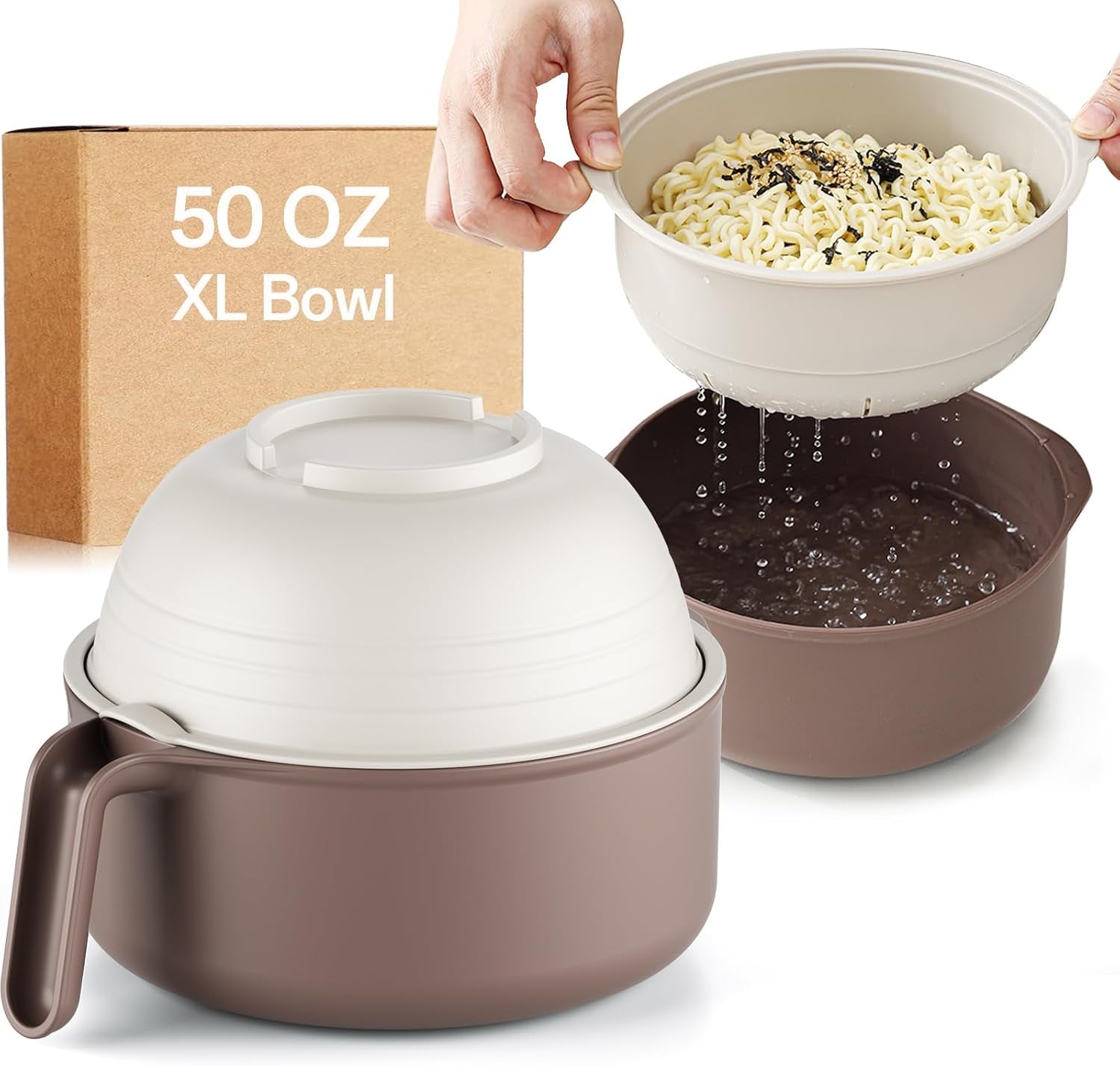 50 Oz Large Ramen Bowl, Microwave Ramen Cooker, Noodle Pasta Cooker with Lid and Strainer, Steamer for Vegetables, College Dorm Essentials for Girls Guys (Beige)