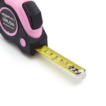 Retractable Tape Measure with Metric and SAE Measurements, 16Ft/5M, Belt Clip, Readable, Pink