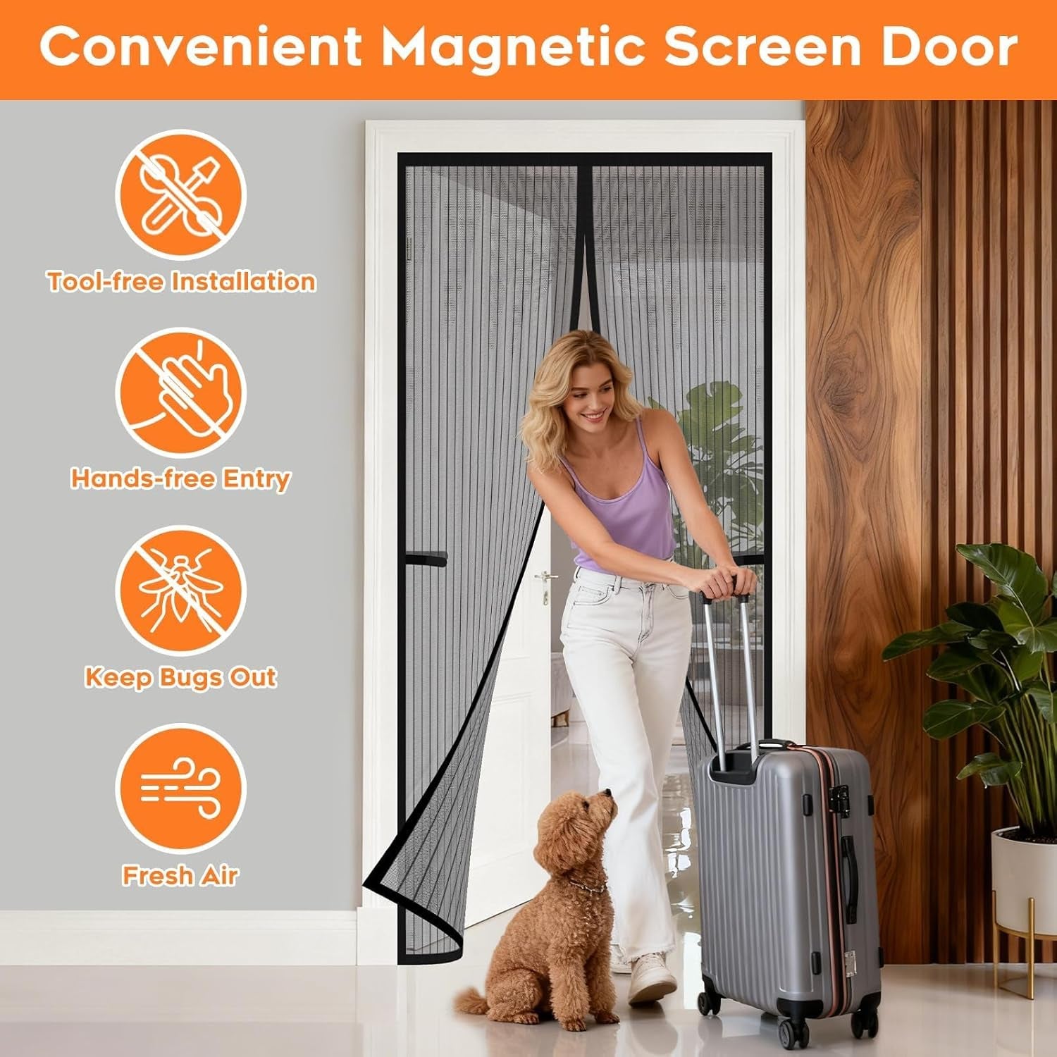Magnetic Screen Door, Screen Door Mesh, Heavy-Duty Mesh Curtain, Door Net Keep Bugs Out, Hands Free Partition, Screen Size 38” × 83”, Fits 36” × 82” Doors, Pet & Kid Friendly, Black