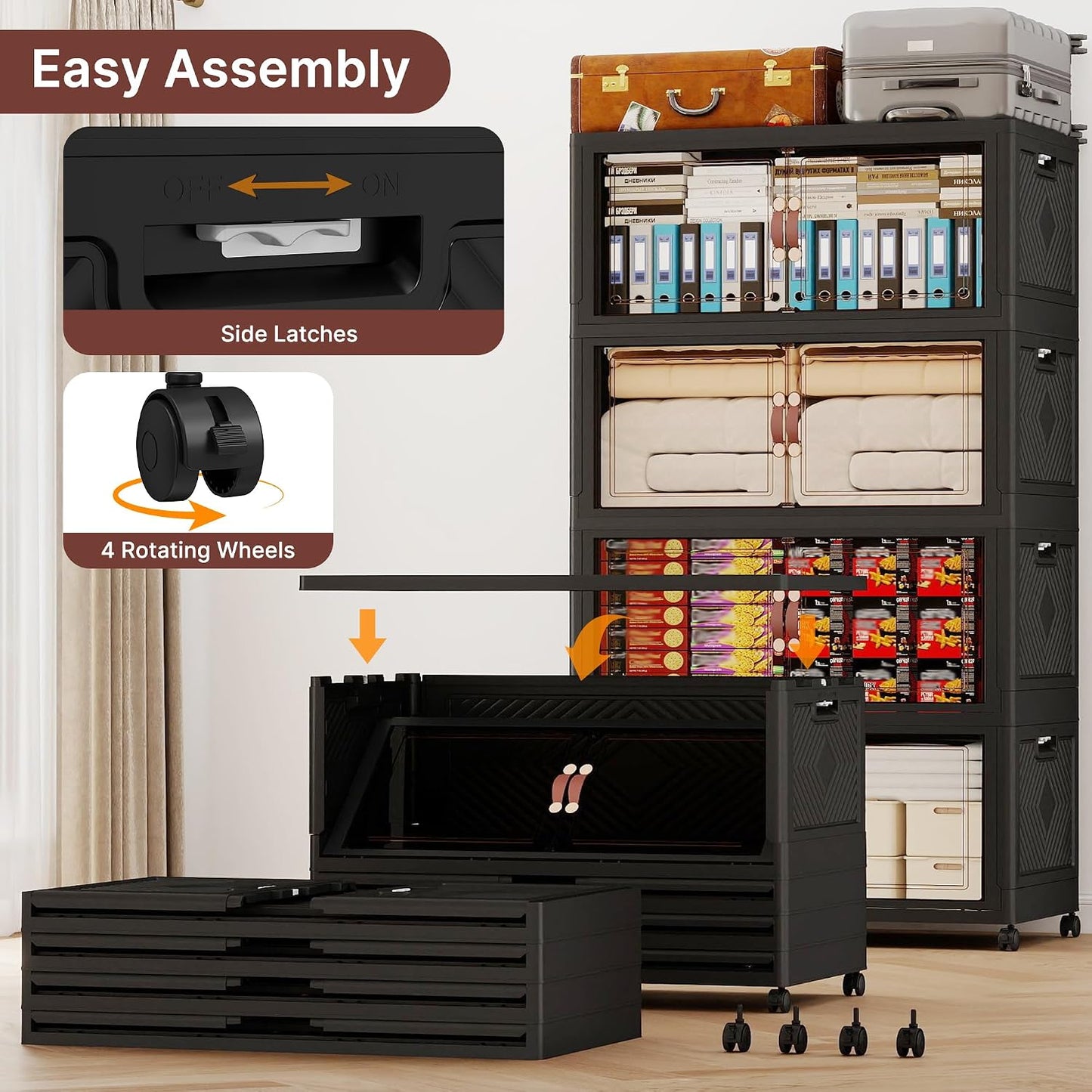 284QT Extra Large Stackable Storage Bins with Lids & Wheels & Door, 71Gal Foldable Collapsible Closet Organizers, Plastic Containers Drawers for Bedroom Dorm