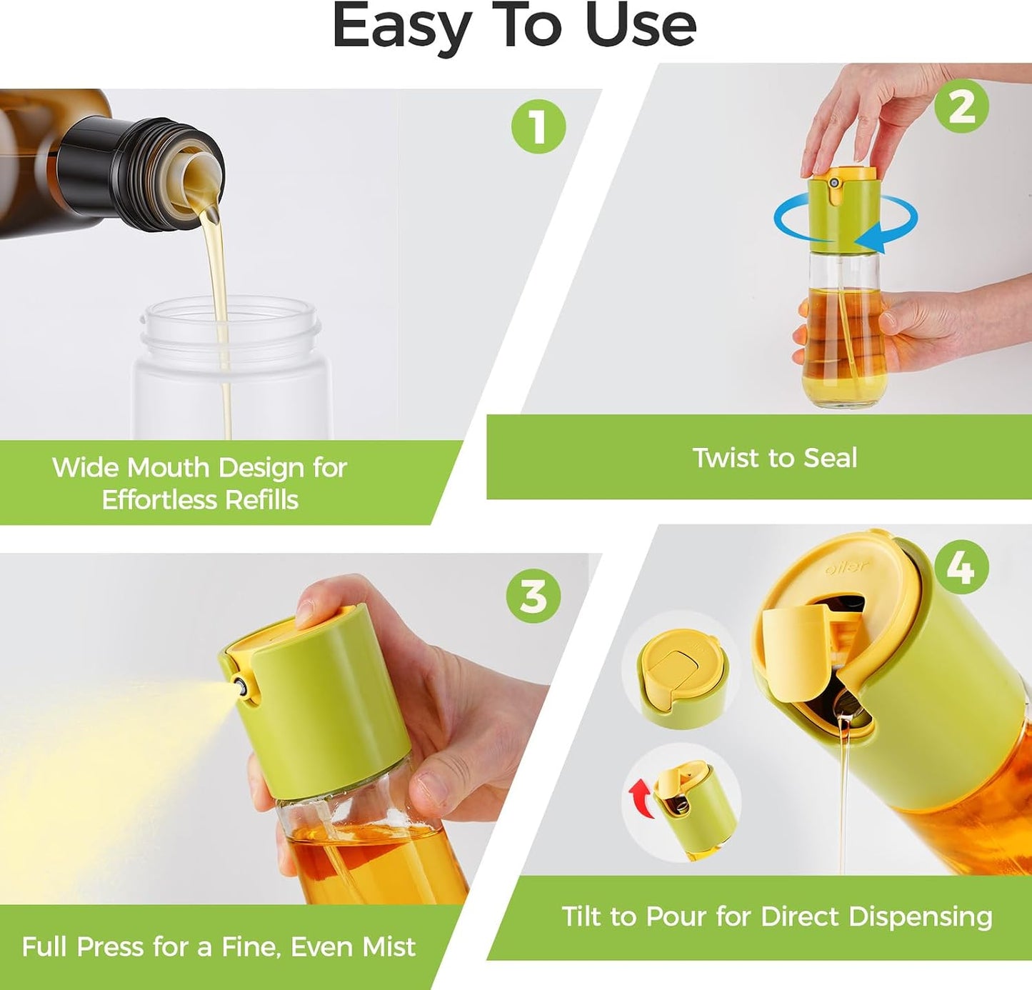 Olive Oil Sprayer and Dispenser 2 in 1, 10Oz/300Ml Oil Mister & Pourer with Portion Control, Food Grade Kitchen Gadget for Air Fryer, Cooking, Salad, BBQ, Fryin(Green)