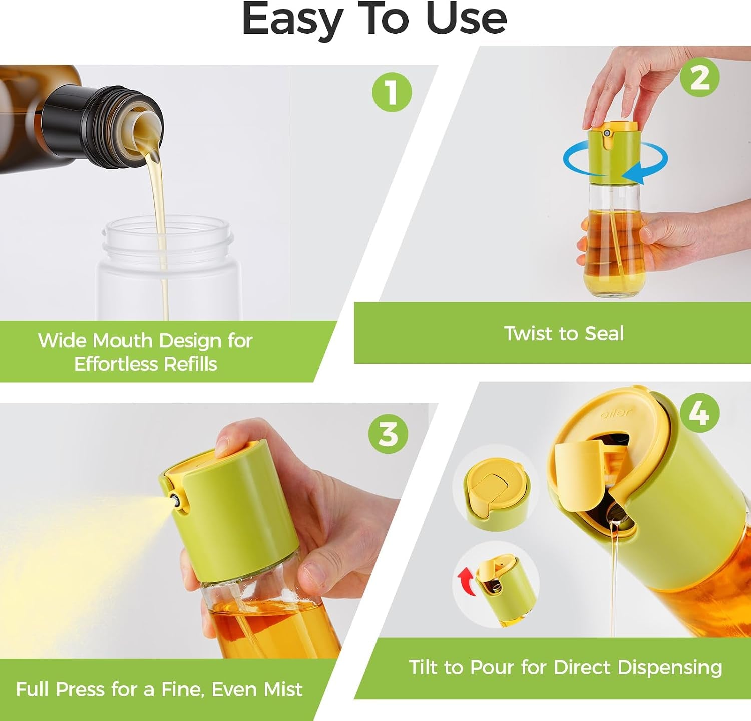 Olive Oil Sprayer and Dispenser 2 in 1, 10Oz/300Ml Oil Mister & Pourer with Portion Control, Food Grade Kitchen Gadget for Air Fryer, Cooking, Salad, BBQ, Fryin(Green)