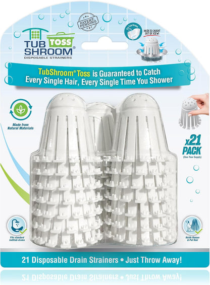 Toss 21Pk Disposable Bath Tub Drain Strainers - Hair Catcher Snare for Shower Bathtub to Prevent Clogged Drains, Traps Human and Pet Hair, One Year Supply (White)