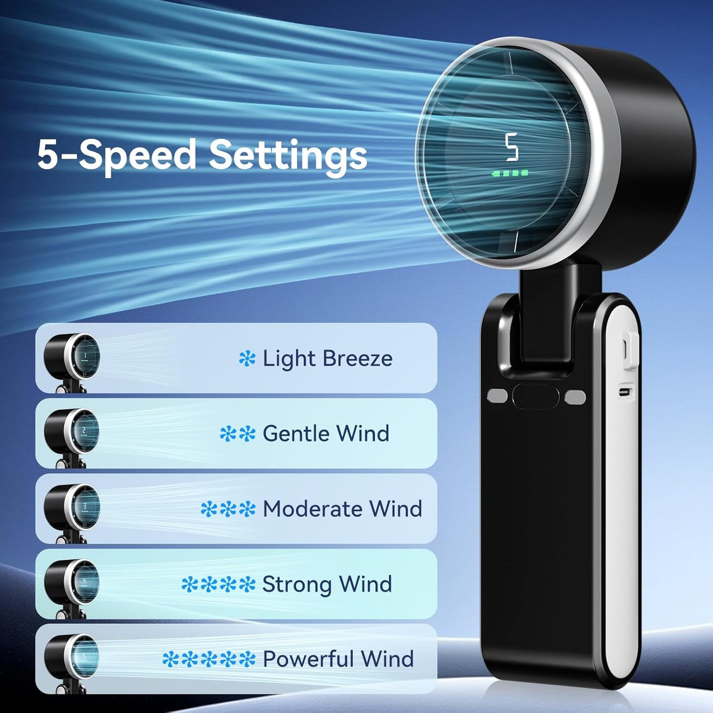 Portable Fan, Mini Fan, Handheld Turbo Fan, Portable Rechargeable Fan, 5-Speed, LED Display