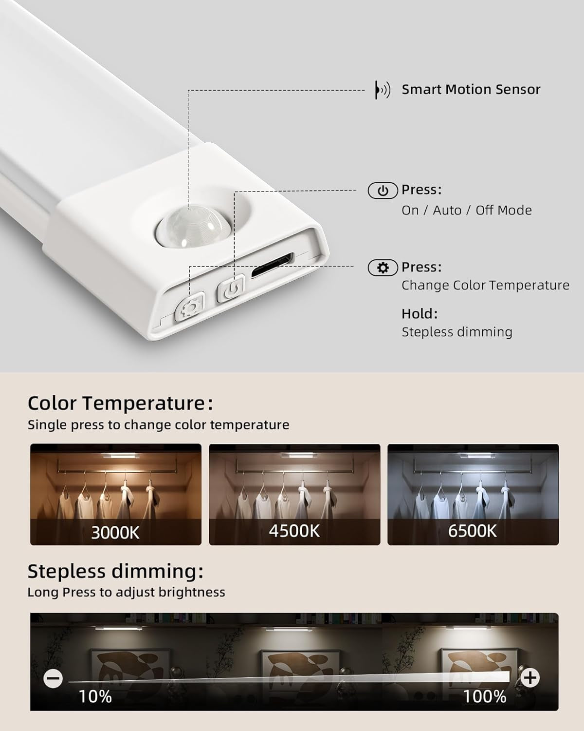 3 Pack 8” Motion Sensor Light Indoor Rechargeable, Stick on under Cabinet Lighting Wireless, 30 Leds Closet Light, Dimmable, 3 Color Temps, Counter Lights for Wardrobe, Pantry, Bedroom, Kitchen