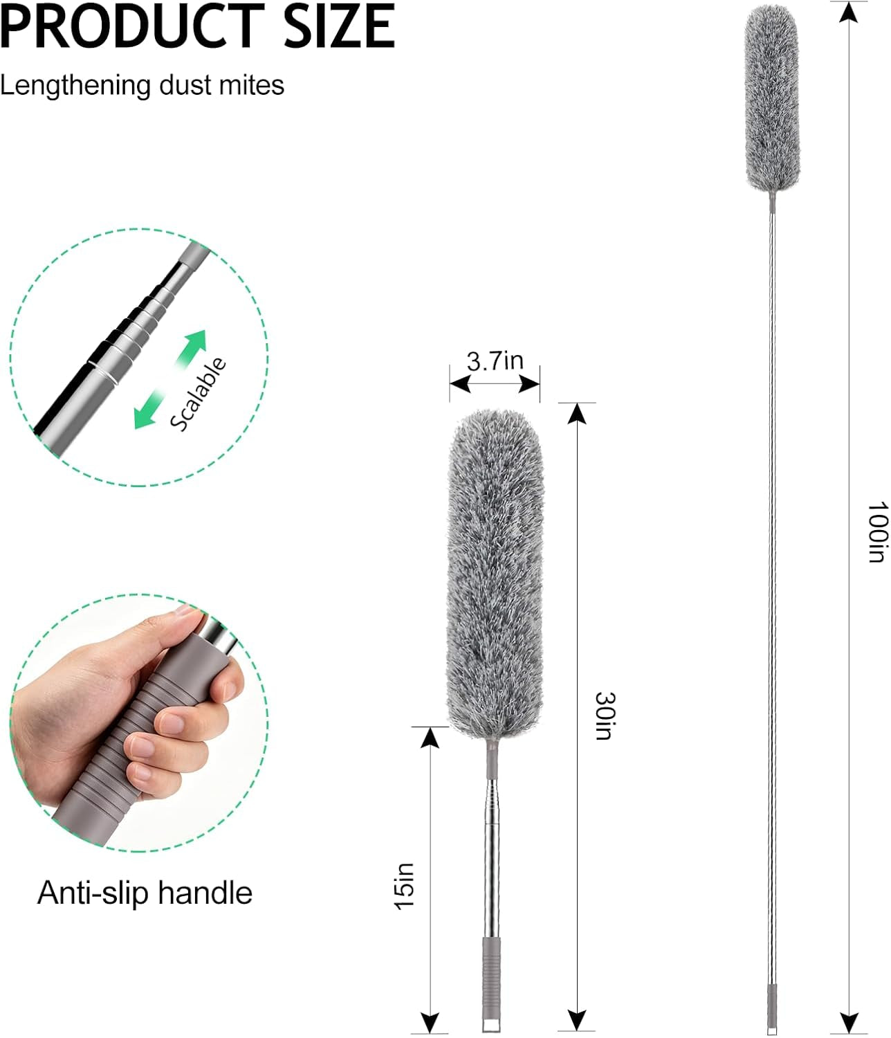 Extra-Long Dusters with Extension Pole 100-Inch for Cleaning, Bendable Microfiber Head Washable Ceiling Fan Duster for High Ceilings, Furniture